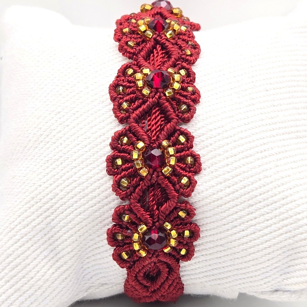 Handmade Macrame Floral Bracelet Burgundy Red‎ Crystal Gold Bead Adjustable